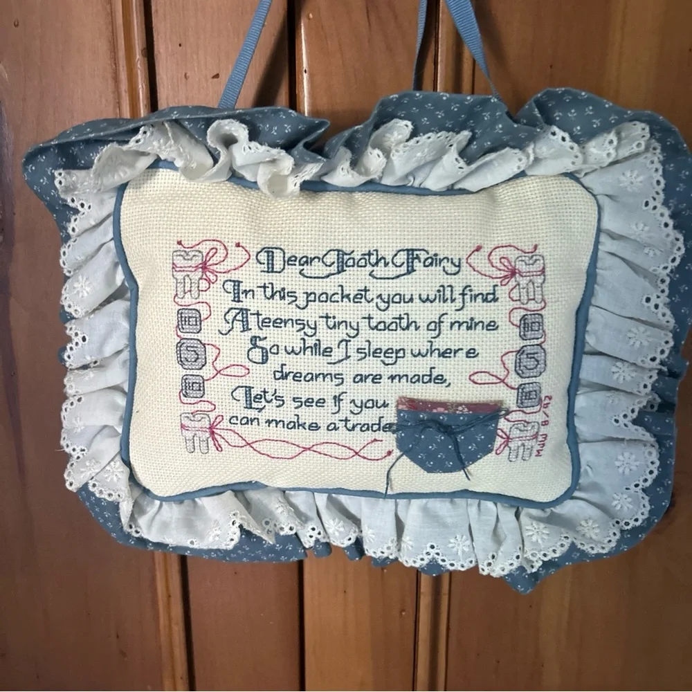 Vintage Tooth Fairy Pillow Handmade Cross Stitch Embroidered Hanging 12x10”